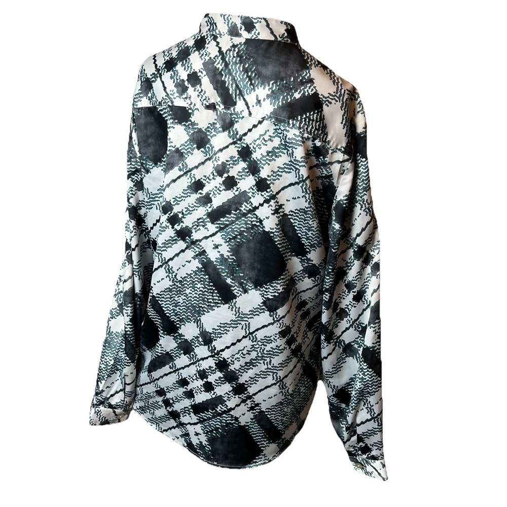 Chico's Mandarin Collar Silky Feel Black Emerald Green Print Shirt Sz 1 Medium - Picture 4 of 14
